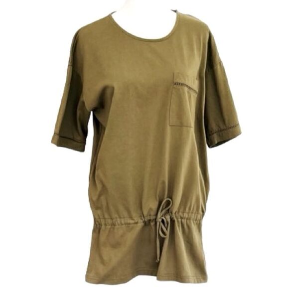 MORGIN olive green drawstring waist top, chest pocket, crochet accents - Picture 1 of 8